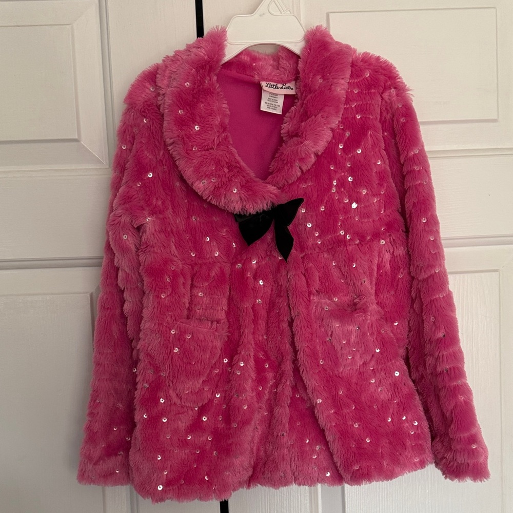 Little Lass Pink Faux Fur Coat with Rhinestones with Black Satin Bow 🩷